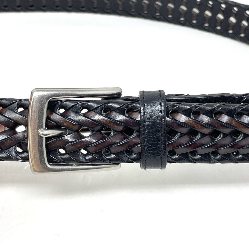 Braided Leather Belt Mens Size 40/100 Brown Black Silver Tone Buckle‎ Casual